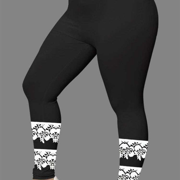 Women's black leggings with white lace 3D digital print design.