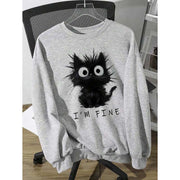 Gray kitten graphic sweatshirt with "I'm Fine" text, featuring a cute black fluffy cat design on a relaxed fit crewneck sweatshirt.