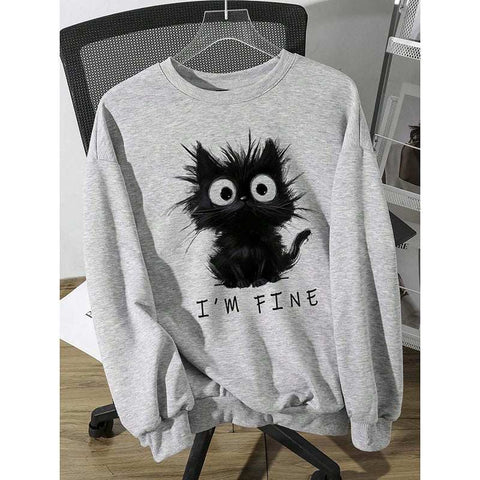 Gray kitten graphic sweatshirt with "I'm Fine" text, featuring a cute black fluffy cat design on a relaxed fit crewneck sweatshirt.