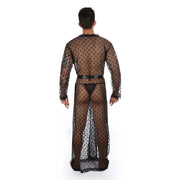 Men's Japanese Kimono in black lace fabric, featuring intricate patterns and relaxed silhouette.