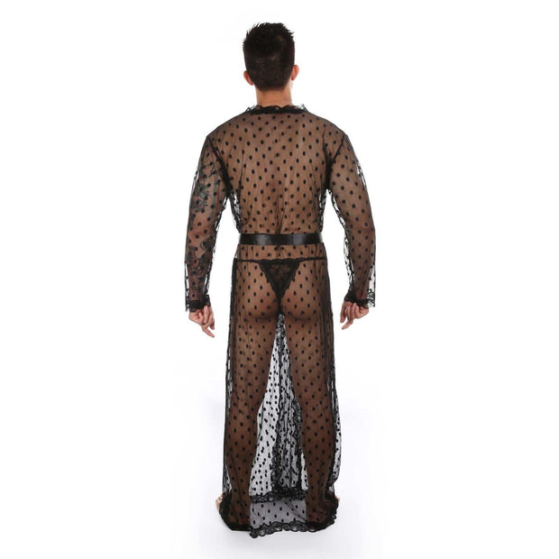 Men's Japanese Kimono in black lace fabric, featuring intricate patterns and relaxed silhouette.