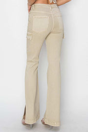 RISEN High Rise Boot-cut Jeans in beige, featuring a flattering high-rise waist and classic boot-cut design with pockets and slits.