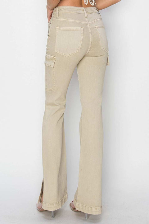 RISEN High Rise Boot-cut Jeans in beige, featuring a flattering high-rise waist and classic boot-cut design with pockets and slits.