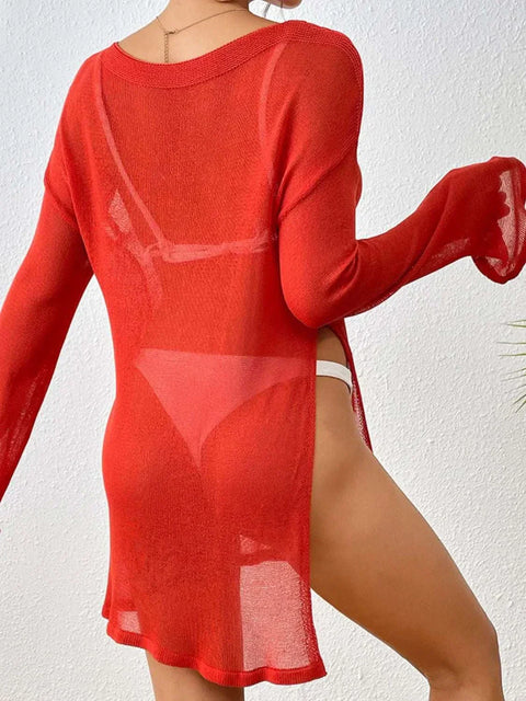 Red round neck slit cover-up, lightweight and breathable, perfect for beach outings.