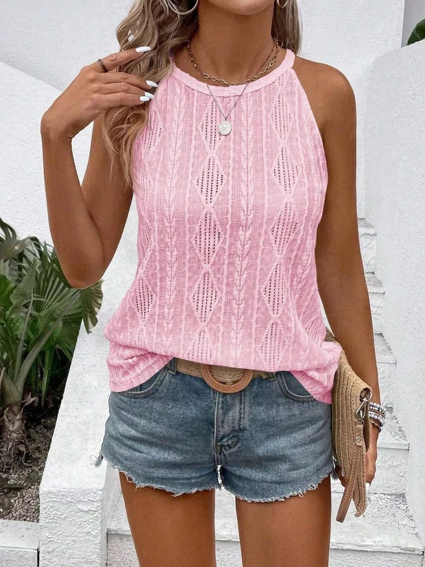 Textured Round Neck Tank with intricate fabric design in pink, styled with denim shorts and accessories.