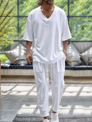 Men's V-Neck Half Sleeve Top and Pants Set in white, featuring a relaxed fit, ideal for casual and semi-formal occasions.