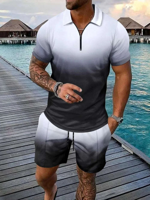 Gradient Collar Top & Shorts Set in black and white ombre pattern, featuring a sleek collared neckline on a boardwalk by the ocean.