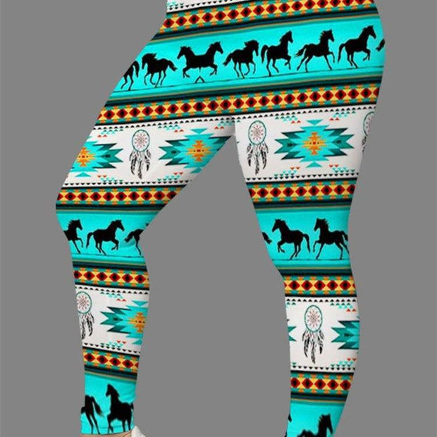 Women's 3D digital print leggings with vibrant horse pattern.