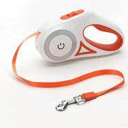 LED lights dog leash with built-in lights, automatic extension, and easy-grip handle for enhanced nighttime safety.