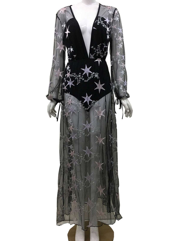 Black hot lace dress Europe-America with star sequin details and sheer overlay.