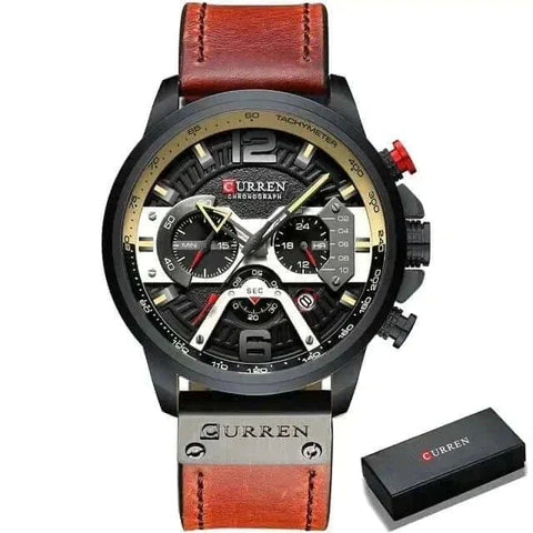Military Leather Chronograph Watch with leather strap and bold dial featuring sub-dials for precise timekeeping.