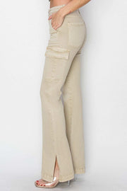 RISEN High Rise Boot-cut Jeans with pockets and slit detail in beige, side view.