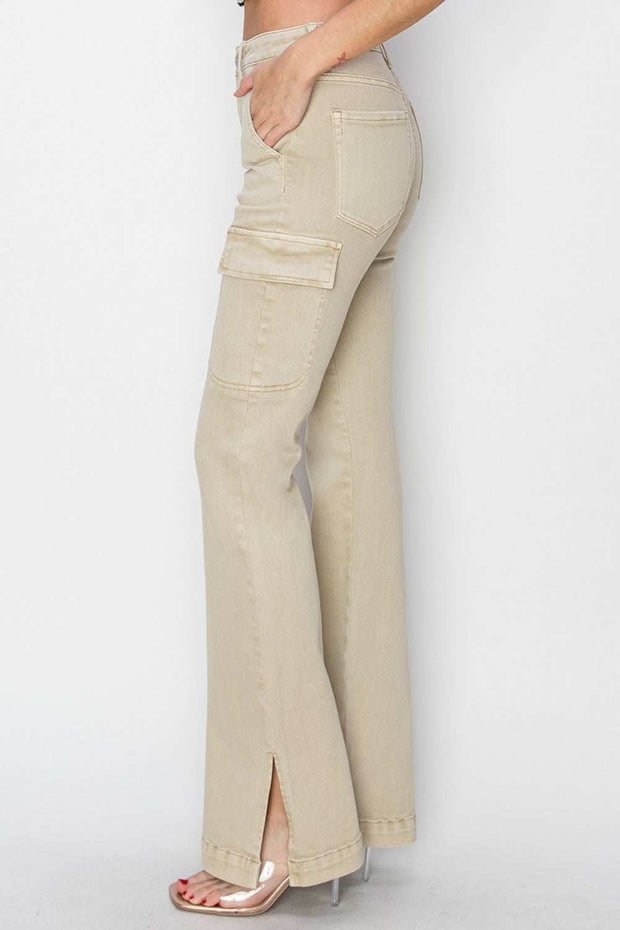 RISEN High Rise Boot-cut Jeans with pockets and slit detail in beige, side view.