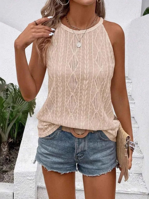 Textured Round Neck Tank with eyelet design, paired with denim shorts, accessorized with necklaces.