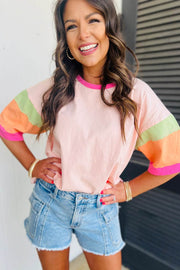 Green Color Block Oversize Top with round neckline and vibrant sleeve design, styled for a casual look.
