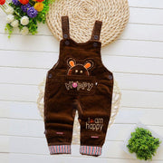 Children overalls with cartoon pattern, brown color, adjustable straps, winter suitable.