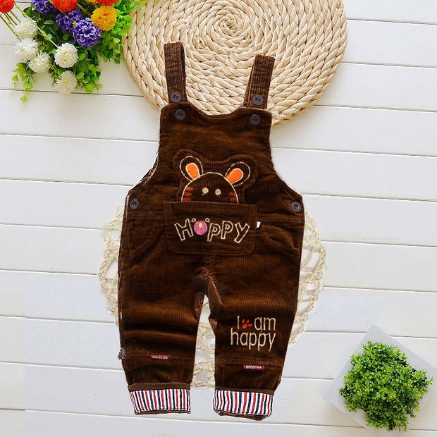 Children overalls with cartoon pattern, brown color, adjustable straps, winter suitable.