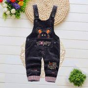 Children overalls with cartoon design, suitable for winter wear.