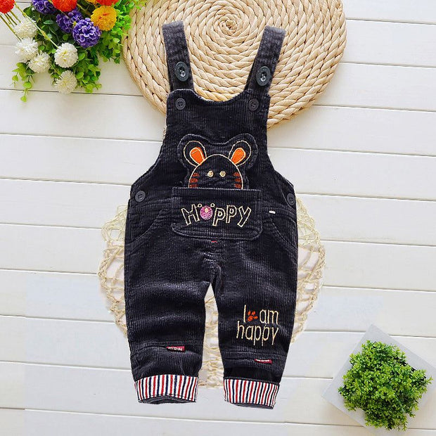 Children overalls with cartoon design, suitable for winter wear.