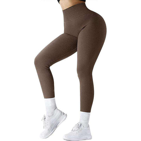 Brown breathable yoga suit with four-way stretch fabric for women.