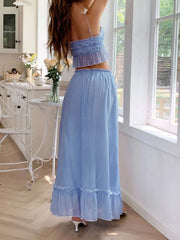 Frill Square Neck Cami and Skirt Set in light blue, featuring a feminine frill design and elegant A-line skirt.