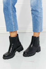 MMShoes Lug Sole Chelsea Boots with black PU leather and block heels.