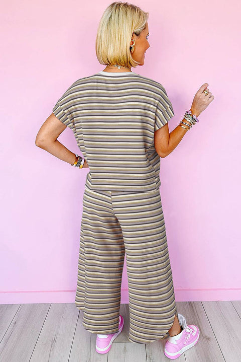 Rainbow Stripe Tee and Wide Leg Pants Set with tassel drawstrings, comfortable and casual ensemble.