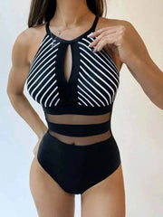 Black and white striped mesh backless one-piece swimsuit with cutout front detail