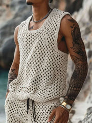 Plus Size Hollowed Out Tank and Shorts Set for men, featuring breathable fabric and stylish design.