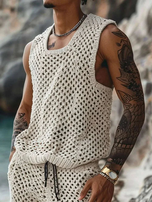 Plus Size Hollowed Out Tank and Shorts Set for men, featuring breathable fabric and stylish design.