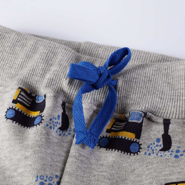 Boys spring and autumn pants with adjustable waistband and playful excavator print.