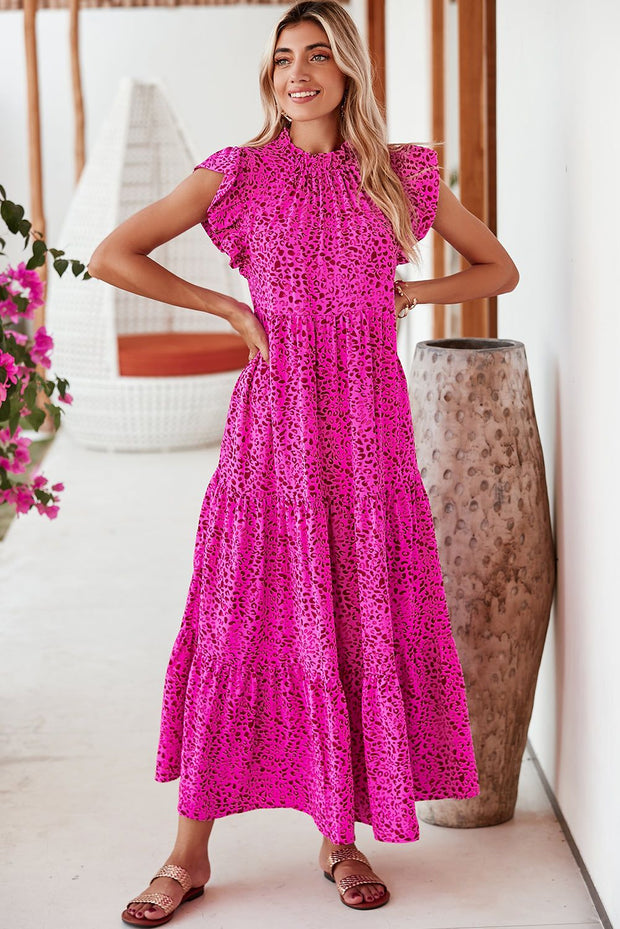 Rose Red Leopard Print Maxi Dress with ruffle sleeves.
