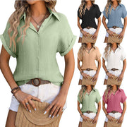 Lapel Button Short Sleeve Top in various colors, featuring a sophisticated lapel collar and button front design, suitable for casual or professional wear.