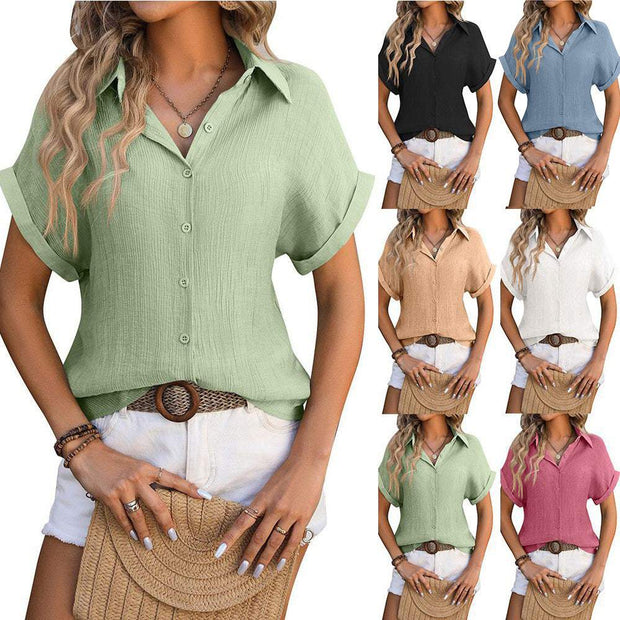 Lapel Button Short Sleeve Top in various colors, featuring a sophisticated lapel collar and button front design, suitable for casual or professional wear.