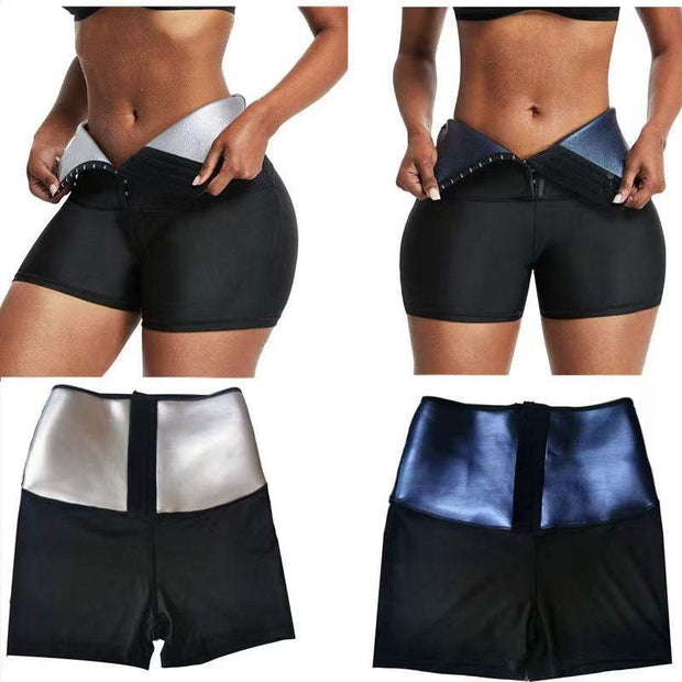 Hip Lifting Ab Shorts in silver and blue with high-rise design and tummy control features for enhanced curves and comfort.