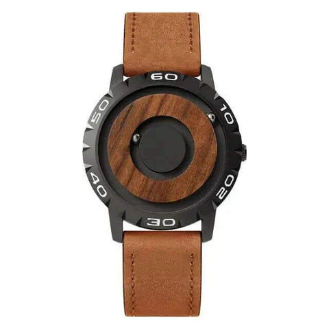 Magnetic Pointer Watch with black dial and brown leather strap.