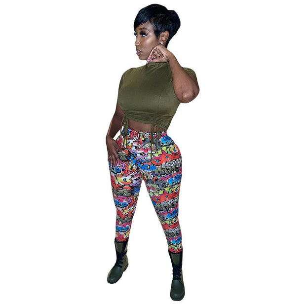 Casual silk print leggings with colorful design and comfortable fit.