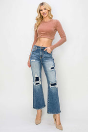 RISEN Distressed Flare Jeans, trendy vintage style with visible distressing and flattering flare design.