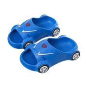 Blue kids glowing slippers shaped like sports cars with LED lights and non-slip soles.