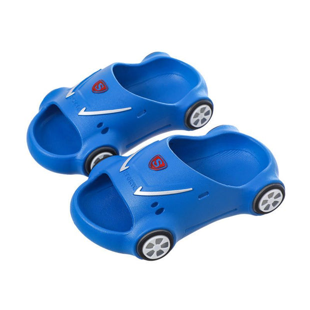 Blue kids glowing slippers shaped like sports cars with LED lights and non-slip soles.
