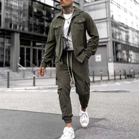 Army green casual sports suit for men, featuring a long-sleeve jacket and trousers, ideal for leisure activities.