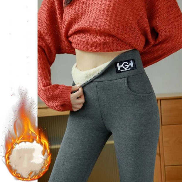 Cashmere leggings in grey showcasing thickened, warm design for winter comfort.