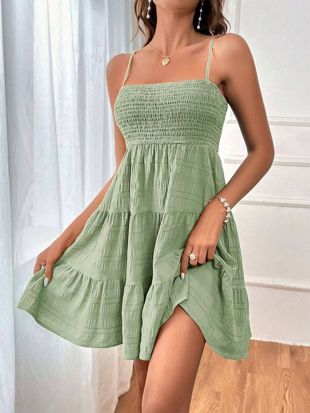 Square-Collar Pleated Summer Dress in light green with a square neckline and pleated design.