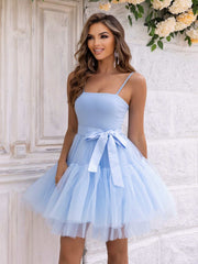 Sky blue Strap Tube Party Dress with chic strapless design and flowing skirt, perfect for special occasions.