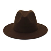 Two-tone flat brim fedora in brown and red with bell crown, provides sun protection, crafted from cotton and wool.