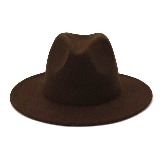 Two-tone flat brim fedora in brown and red with bell crown, provides sun protection, crafted from cotton and wool.