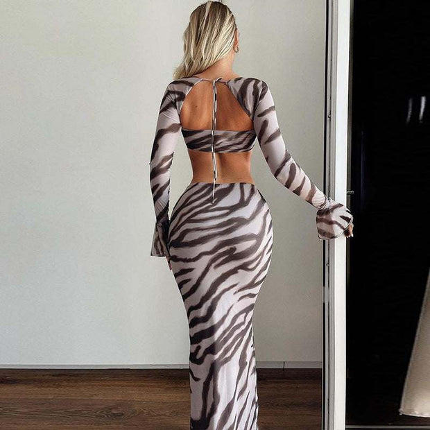 Printed Long-Sleeve Slim Skirt Suit with zebra stripes, featuring long sleeves and a sexy style.