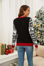 Christmas Pattern Long Sleeve Sweater with festive black, white, and red design featuring holiday motifs and cozy fit