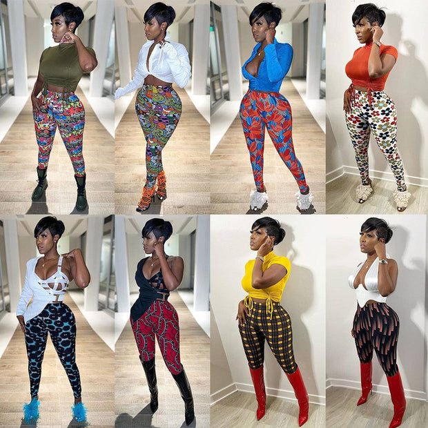 Diverse fashion looks featuring casual silk print leggings in various colors and patterns for women.