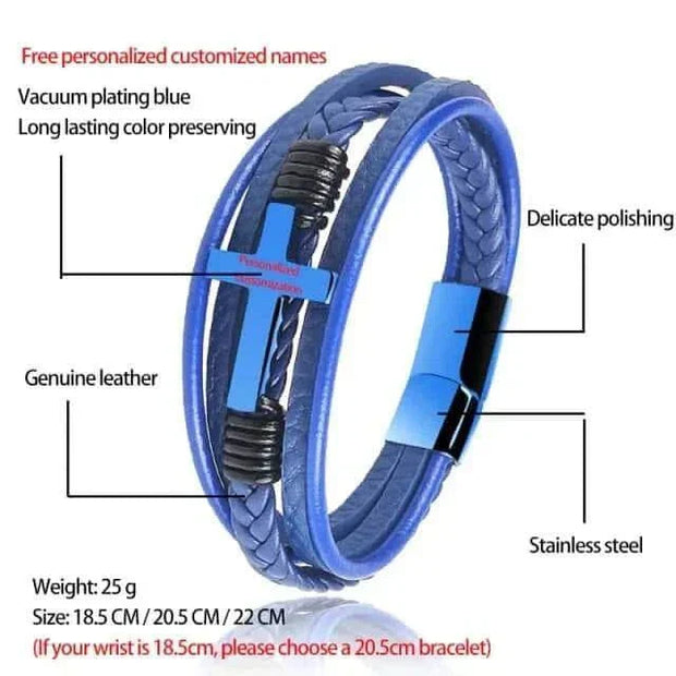 Mens Chakra Bracelet with blue leather and stainless steel, featuring cross pattern and personalized customization.